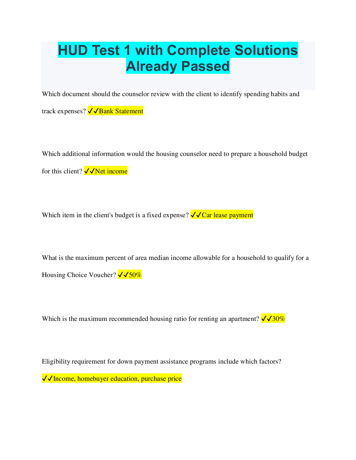 Preview of HUD Test 1 with Complete Solutions Already Passed